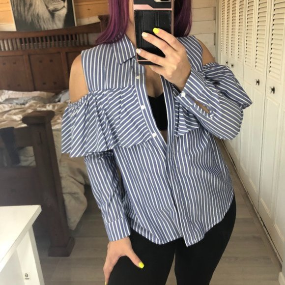 Harlowe & Graham Blue White Striped Cold Shoulder Long Sleeve Button Down Blouse - Picture 2 of 9
